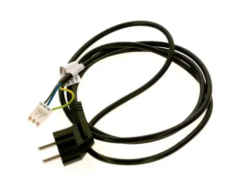 Netzkabel mit zwei Steckern für die Stromversorgung. Das Kabel hat einen zusätzlichen Anschluss mit mehreren Drähten. Geeignet für Bosch-Geräte.